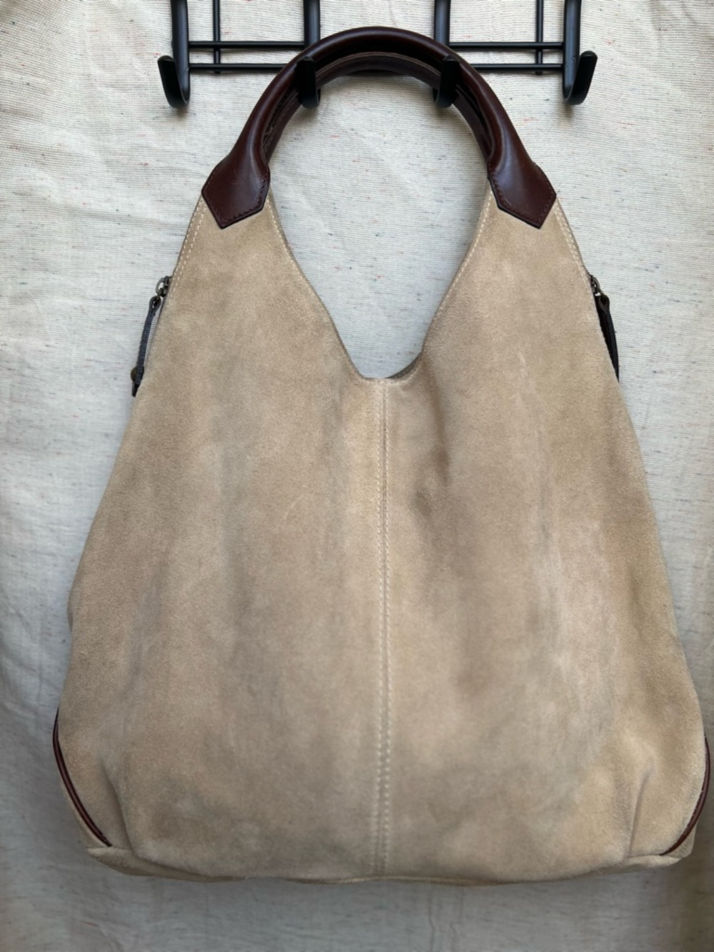 NARDELLI Neutral Suede Hobo Bag with Brown Leather Handles - Picture 5 of 16